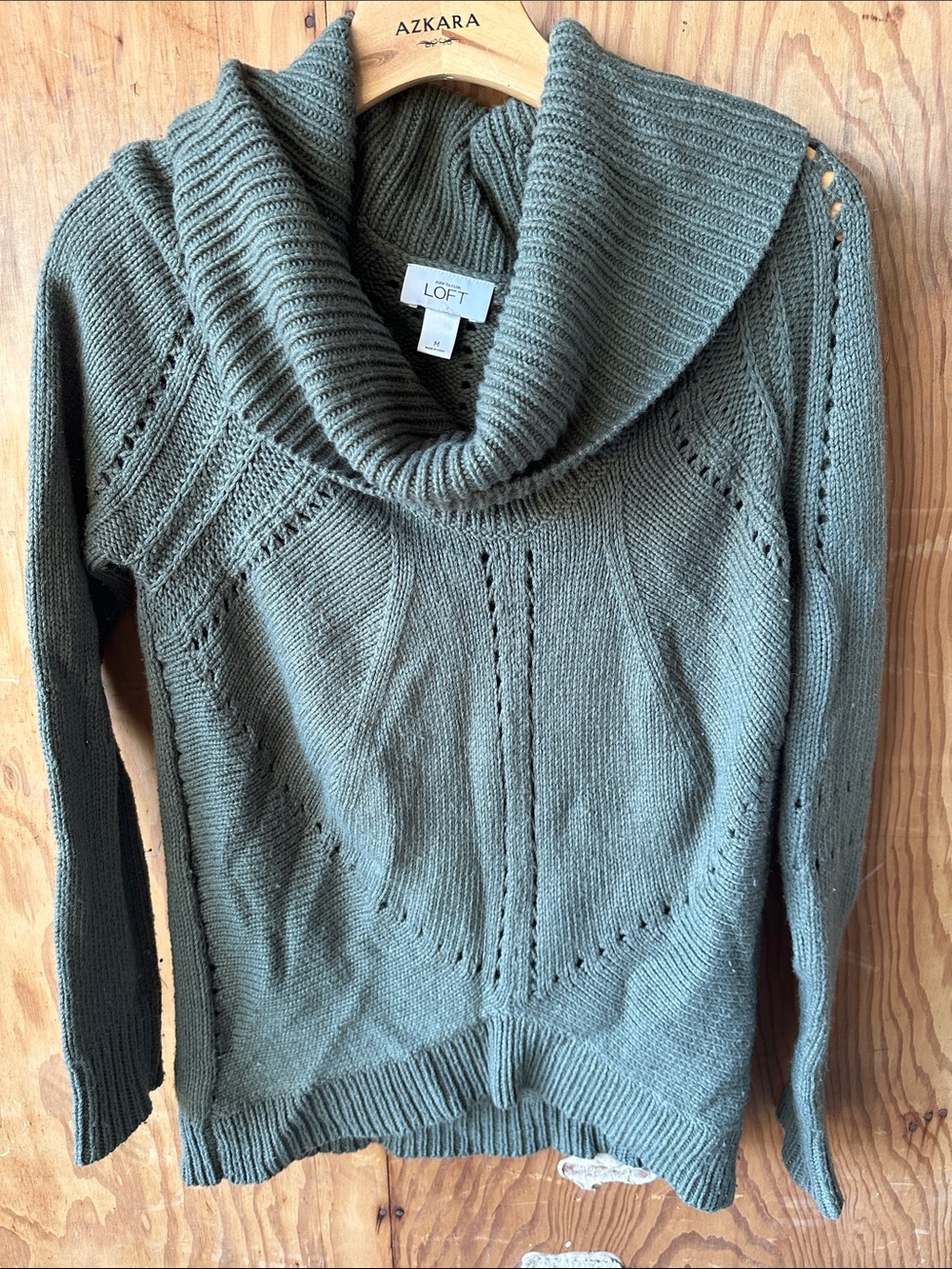 LOFT Olive Cowl Neck Pointelle Knit Sweater
